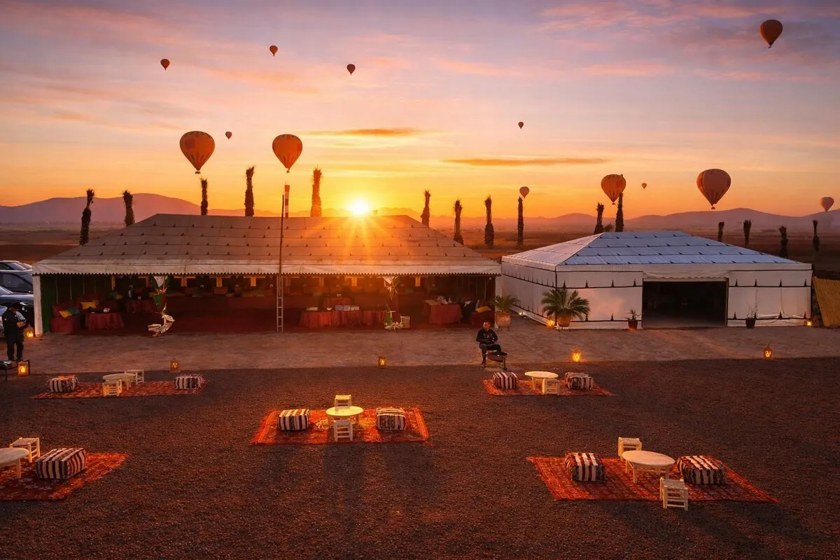 VIP hot air balloon breakfast camp at sunrise in Marrakech